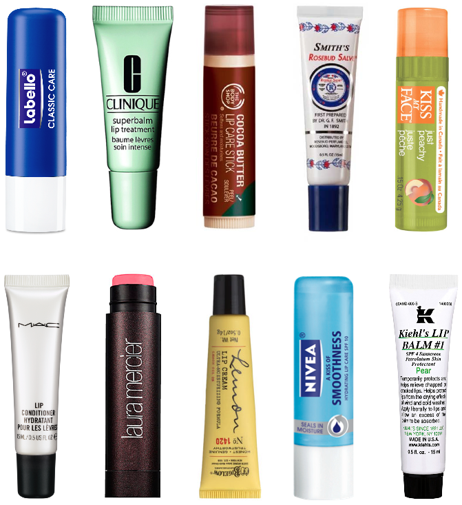 lip balms including mac, kiehls, laura mercer, nivea, rosebud salve